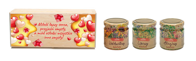 Słodki prezent na Walentynki - miód w romantycznym opakowaniu (5) 3x0,25 kg