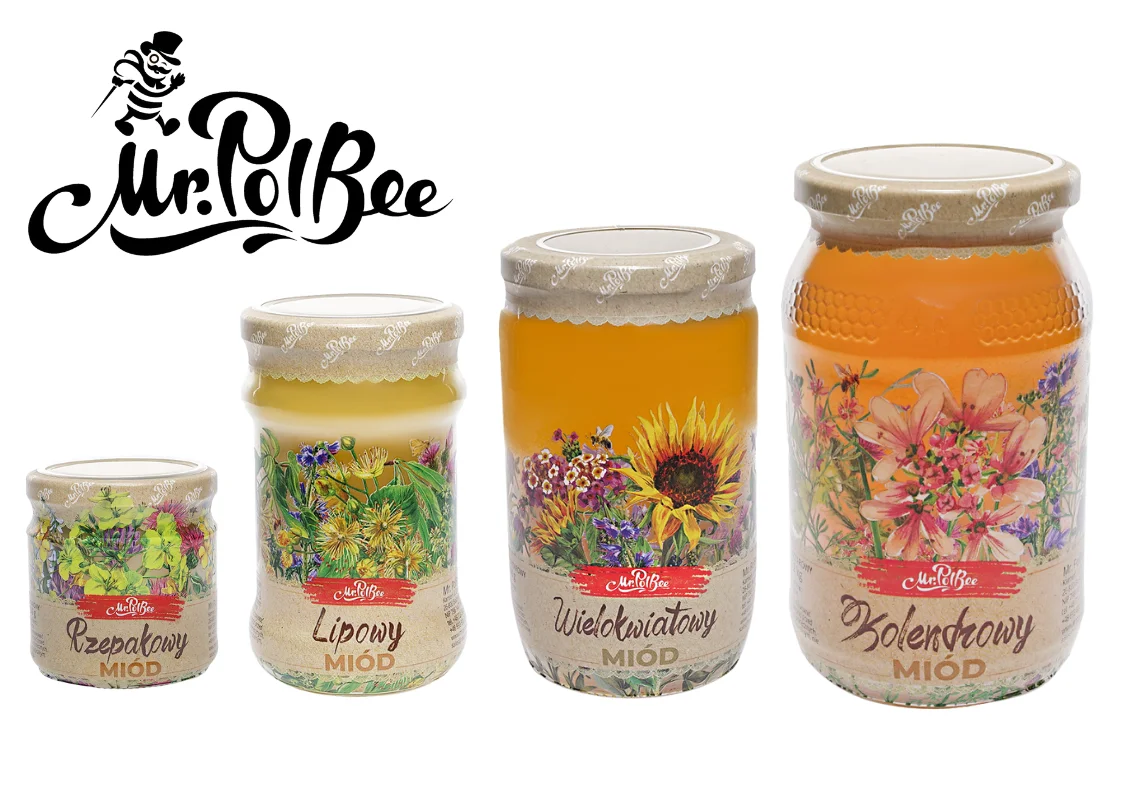 Cztery gramatury miodów Mr.PolBee: 250 g, 400 g, 950 g i 1,2 kg